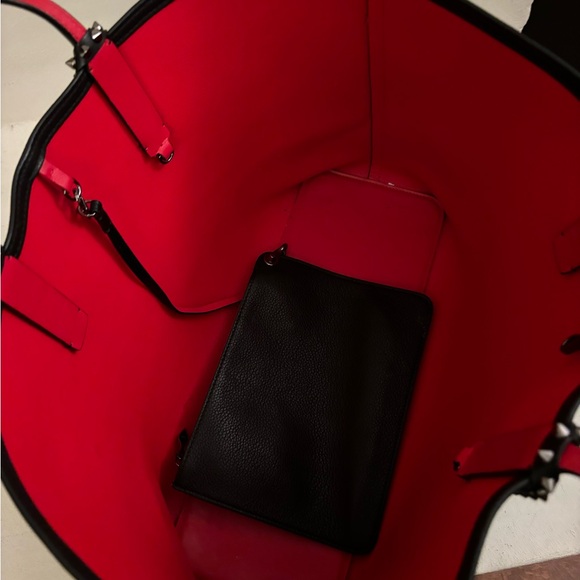 Black Tote Bag with Red Interior and Studded Handles - Picture 6 of 8